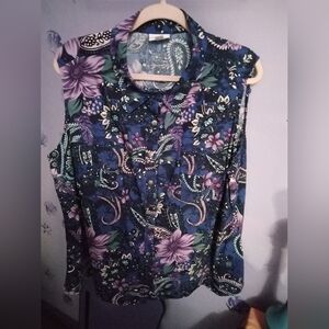 LuLaRoe Floral Button-Up Blouse - Navy and Lavender